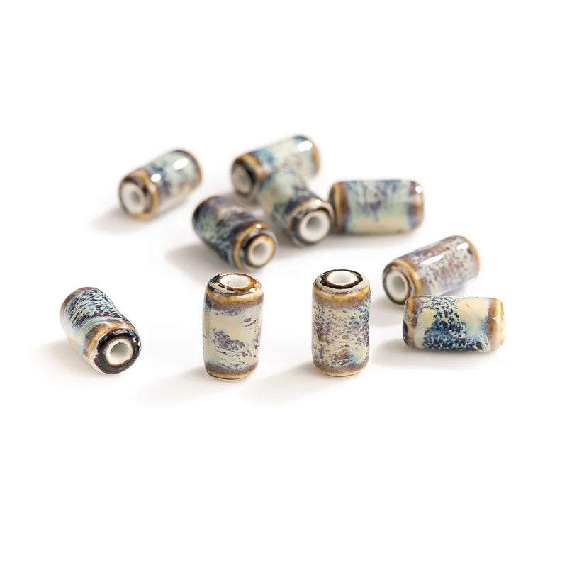 Small Cylindrical Ceramic Beads for Jewelry Making - 10pcs Handmade Pendant Material