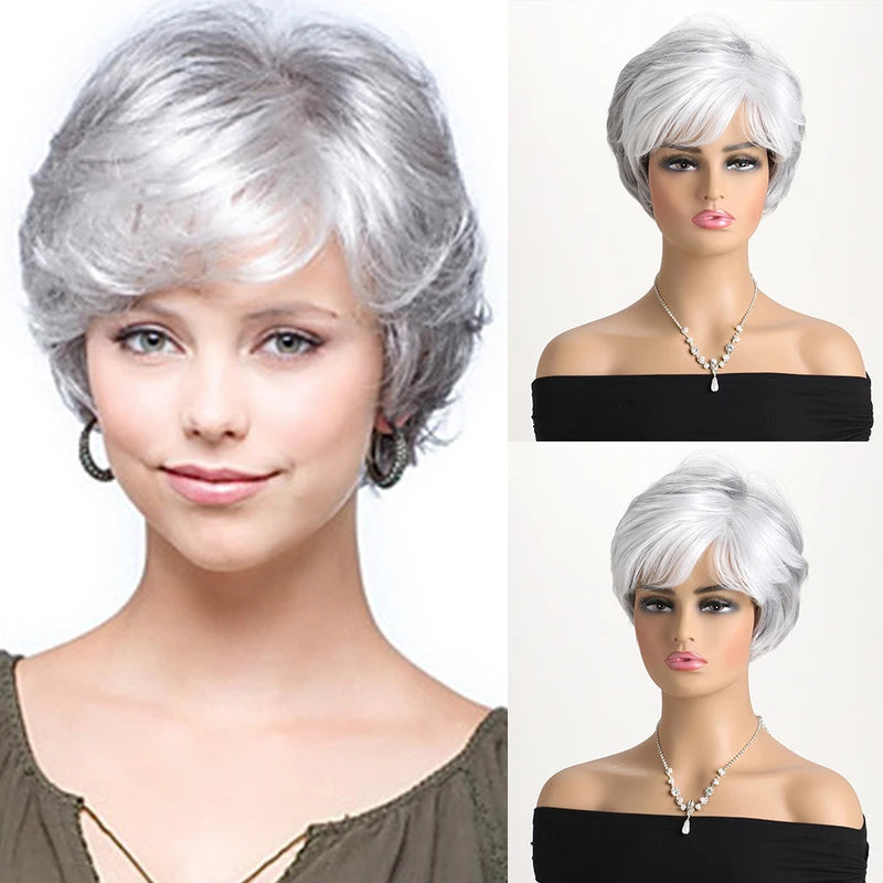 Short Grey Ombre Curly Synthetic Wig with Bangs for Women - Costume & Daily Use