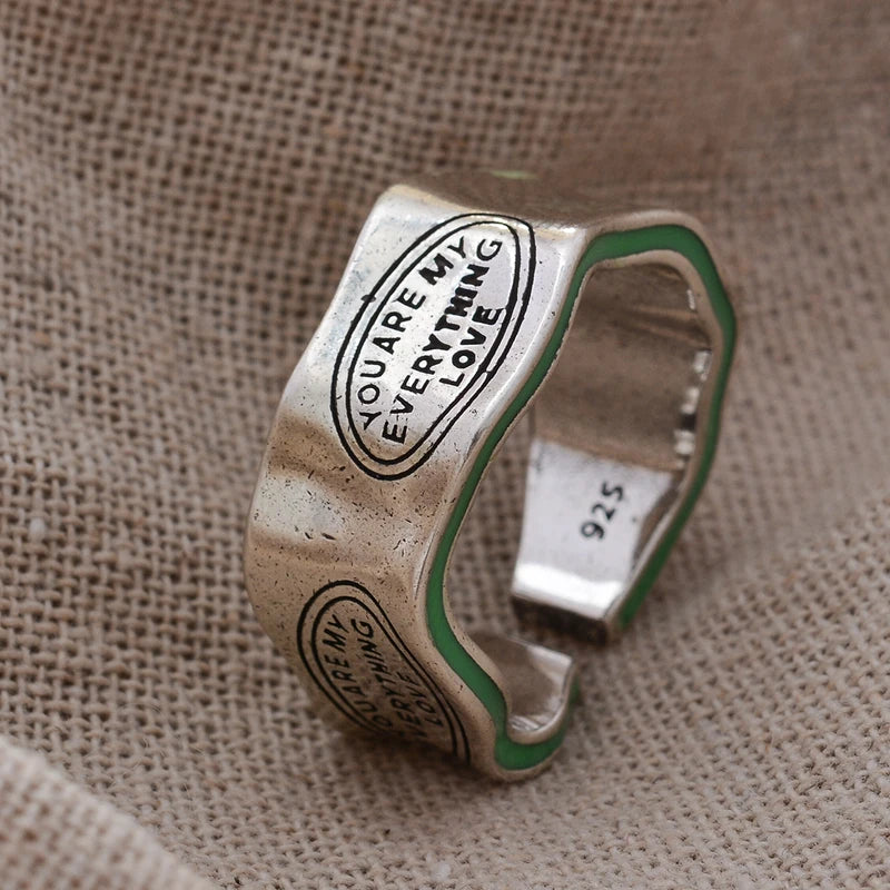 Elegant Green Stripe Letter Carving Silver Ring for Women - Retro Thai Jewelry Gift
