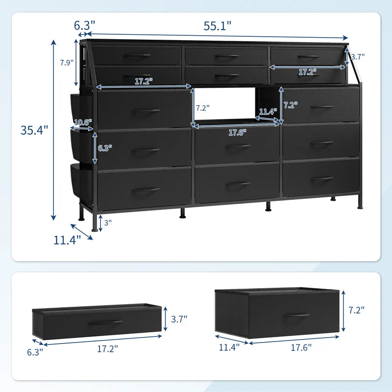 14-Drawer Storage Dresser & TV Stand with Shelves - Wide Fabric & Wood Chest for Bedroom & Living Room
