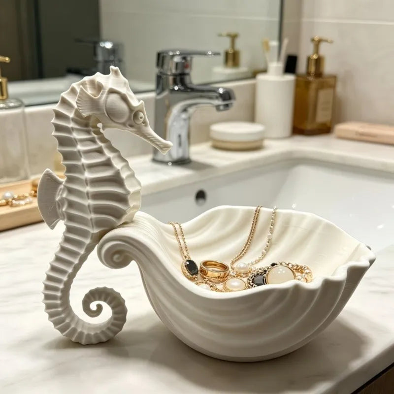 Seahorse-Shaped Plastic Jewelry Storage Tray - Desktop Organizer, White