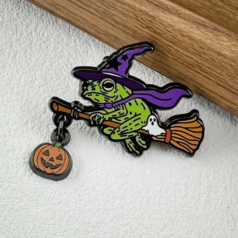Halloween Frog Witch Enamel Brooch - Broom Pumpkin Ghost Badge for Backpack Hat