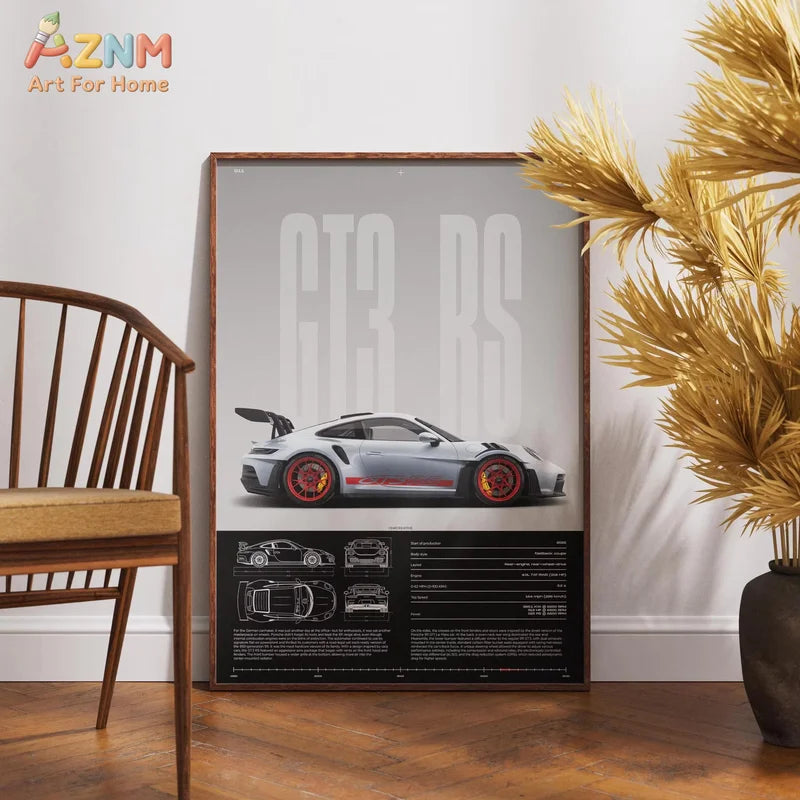 Minimalist Sports Car Wall Art Canvas Print - 911 GT3 RS & 718 GT4 RS Poster