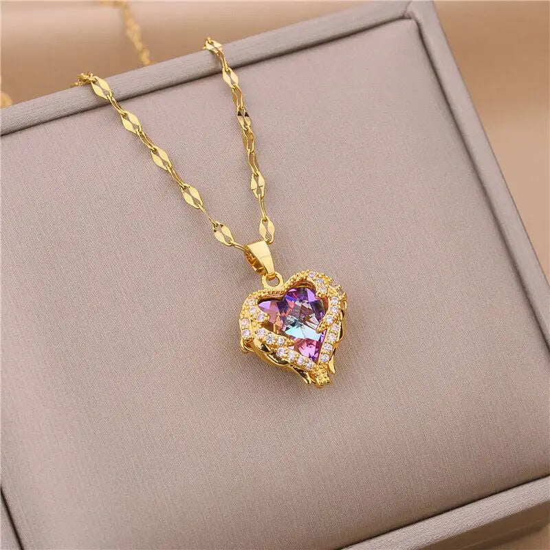 Colorful Crystal Ocean Heart Pendant Necklace for Women Stainless Steel Jewelry