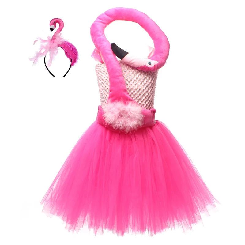 Girls Halloween Pink Flamingo Costume with Puffy Skirt for Stage & Party