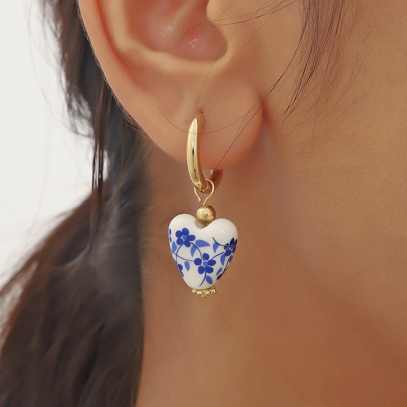 Blue & White Porcelain Teapot Pendant Earrings Vintage Ceramic Heart & Pearl Dangle Jewelry
