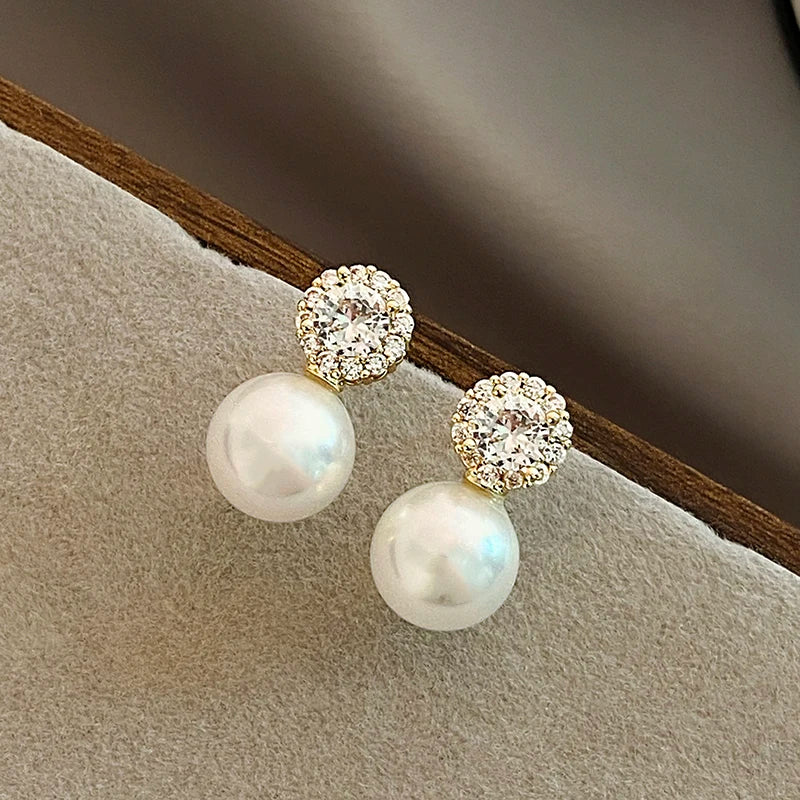 Girl's Romantic Pearl & Zircon Round Earrings - Fashion Jewelry for Women