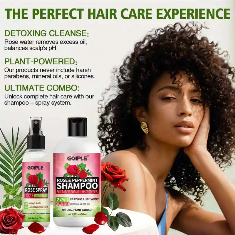 2-in-1 Rose & Peppermint Hair Shampoo and Spray Set for Locs & Twists - Deep Clean, Anti-Frizz, Scalp Relief
