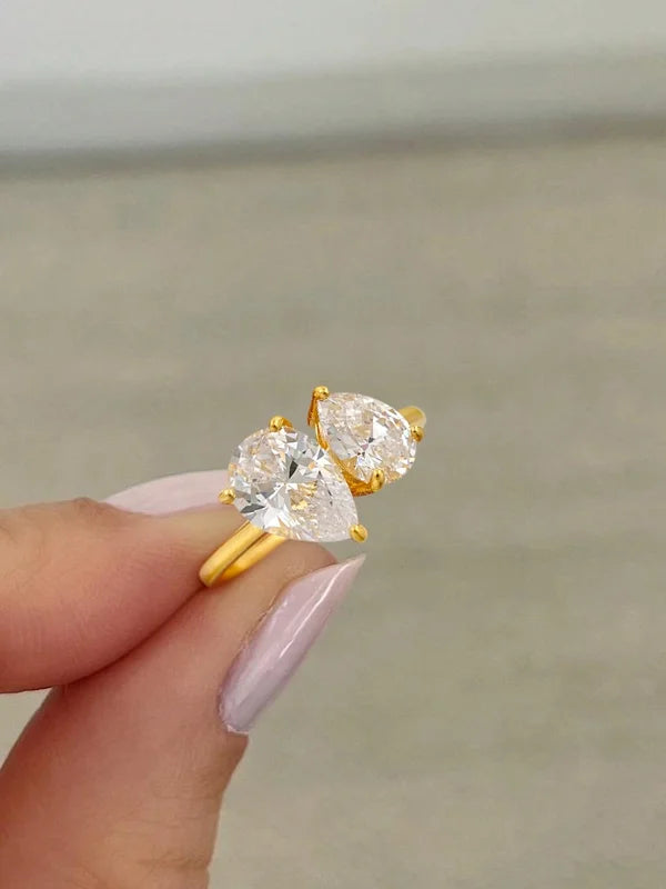 Sterling Silver Water Drop Ring with Sparkling Clear Pears for Women - Wedding Gift Jewelry