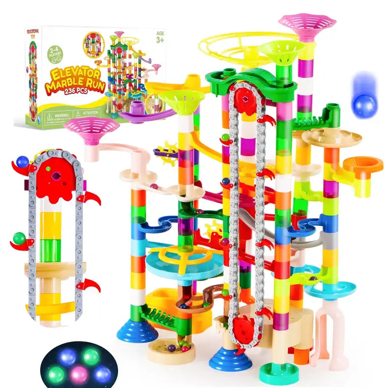 Glow-in-The-Dark Marble Run Construction Set with Motorized Elevator for Kids 4-8