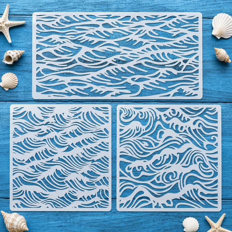 Wave Stencil Set for DIY Wall Wood Fabric Painting - Reusable Templates, 3 Pieces