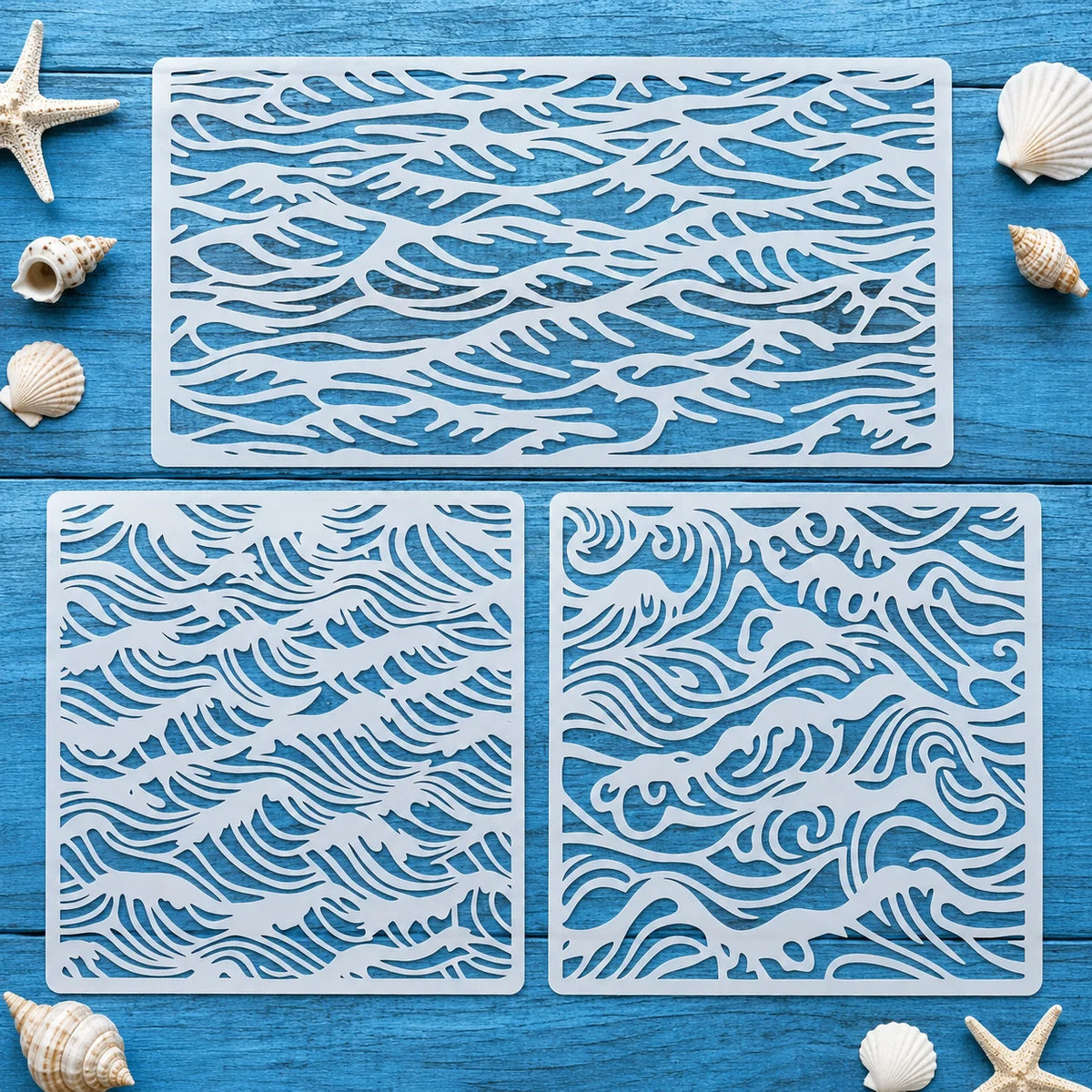 Wave Stencil Set for DIY Wall Wood Fabric Painting - Reusable Templates, 3 Pieces