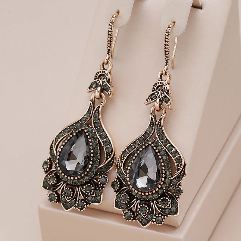 Luxury Gray Crystal Bridal Earrings for Women - Vintage Gold Drop Jewelry