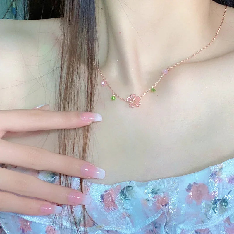 Romantic Cherry Blossom Flower Necklace for Women with Crystal Butterfly and Pearl Pendant – Party Jewelry
