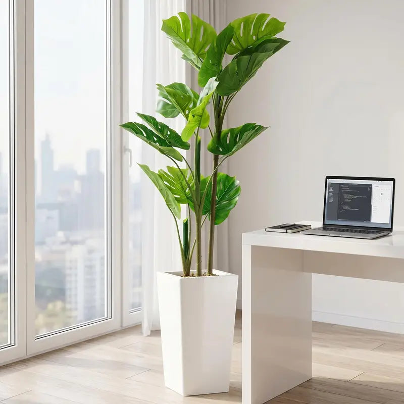 Artificial Monstera Tree with Tall White Planter - Indoor Faux Tropical Plant
