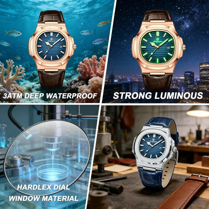 Luxury Square Men’s Quartz Wristwatch Waterproof Luminous Leather Strap