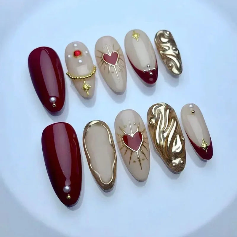 24Pcs 3D Ripple Design False Nails Cat's Eye French Almond Nail Tips - Removable Press On Nails