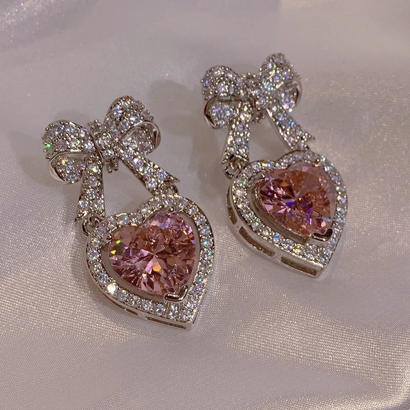 Pink Heart Shape Bowknot Stud Earrings with CZ Zircon for Women