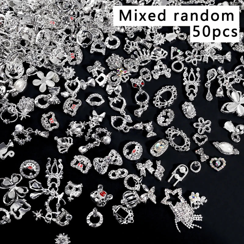 50Pcs Silver Bowknot & Crown Nail Charms with Tassels for Nail Art Decor