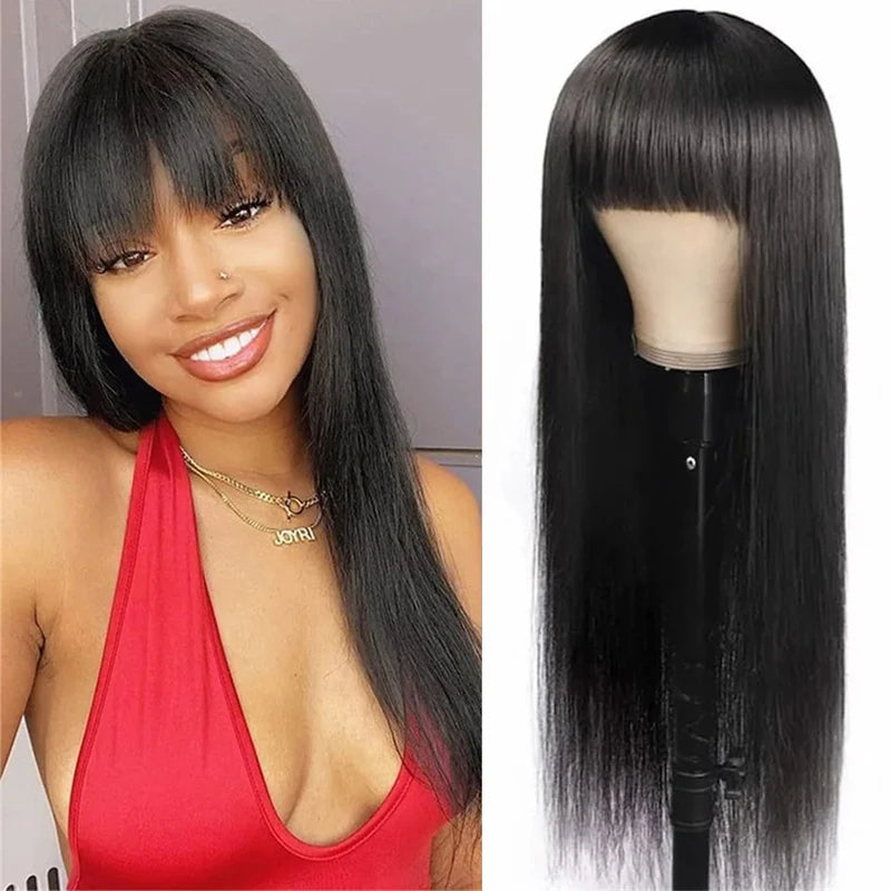 Full Machine Made Human Hair Wigs for Women - Straight Remy Hair with Bangs, Multiple Lengths