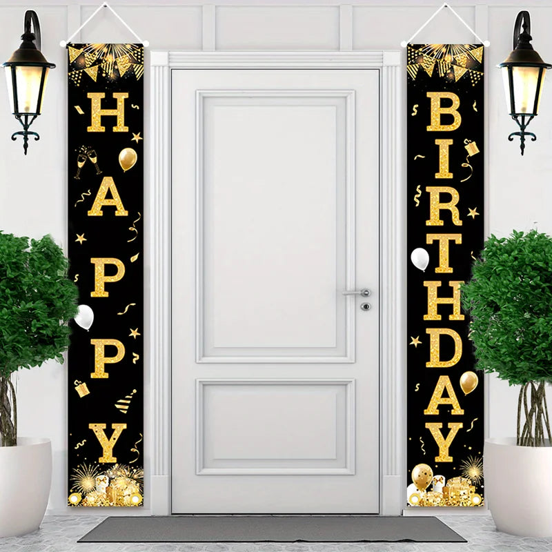 Outdoor Happy Birthday Banner Set - Black & Gold Wall Door Porch Decoration