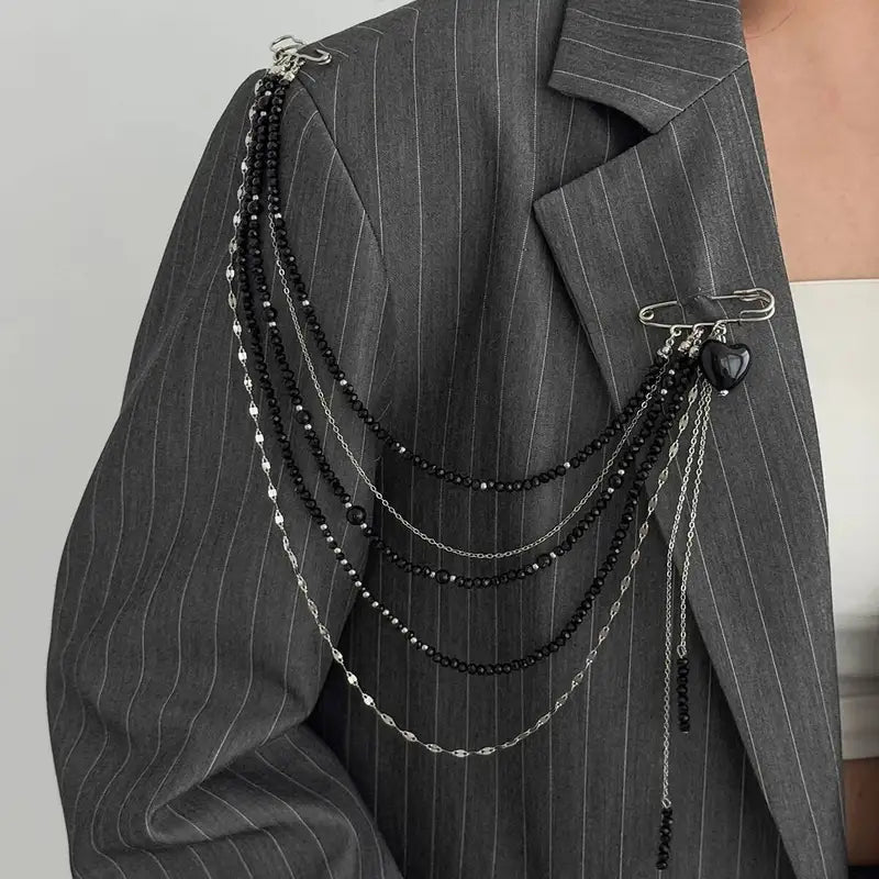 Black Crystal Bead Brooch for Women Multi-Layer Copper Chain Vintage Jewelry