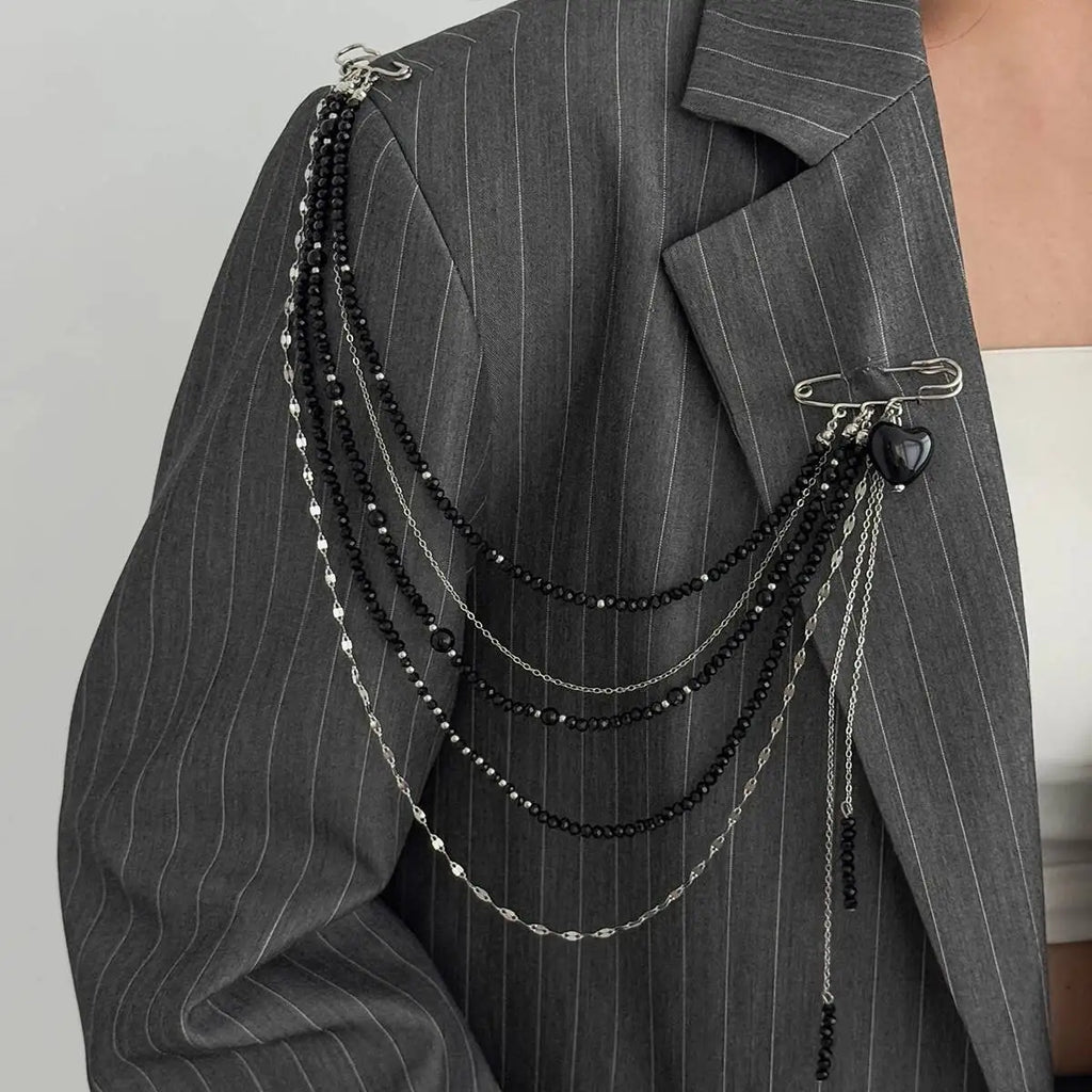 Black Crystal Bead Brooch for Women Multi-Layer Copper Chain Vintage Jewelry