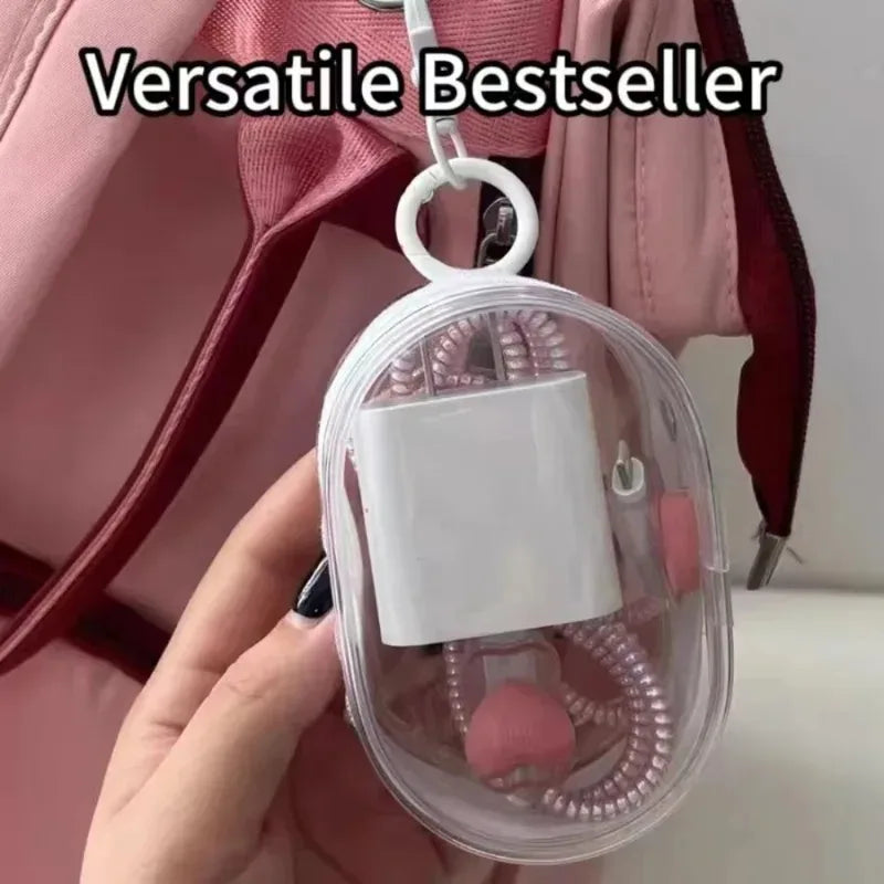 Mini Transparent Storage Bag with Zipper & Keychain - Travel Organizer for Earphones & Chargers