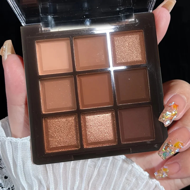 9-Color Mocha Chocolate Eyeshadow Palette with Matte, Pearly & Glitter Finishes