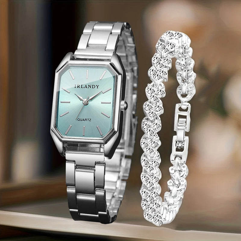 2PCS Women’s Quartz Watch & Rhinestone Bracelet Set - Elegant Fashion Jewelry