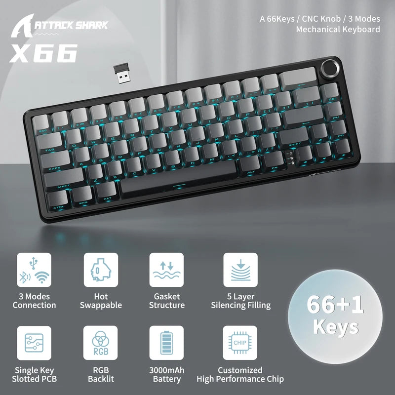 Wireless Mechanical Gaming Keyboard 66 Keys RGB Hot Swap Gasket 60% with Knob