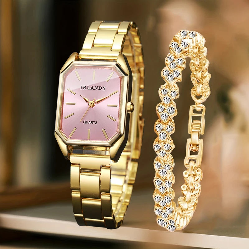 2PCS Women’s Quartz Watch & Rhinestone Bracelet Set - Elegant Fashion Jewelry