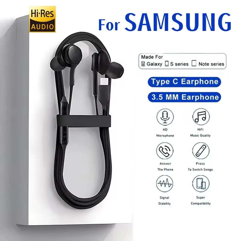 Type C Wired Earphones for Samsung Galaxy & A Series - 3.5mm Headphones