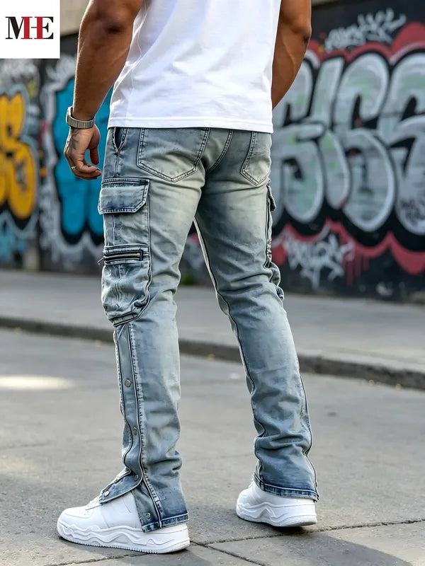 Men's Flared Denim Jeans Light Blue Vintage Ripped Zipper Hem Casual Pants