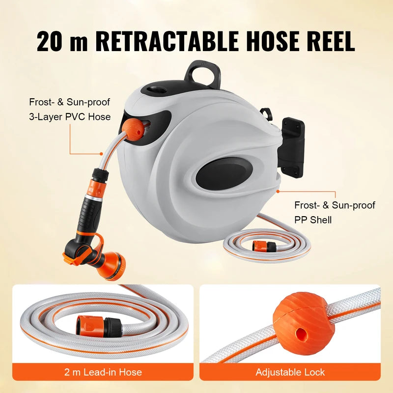 Retractable Garden Hose Reel Wall Mount with 180° Swivel and 9-Pattern Nozzle