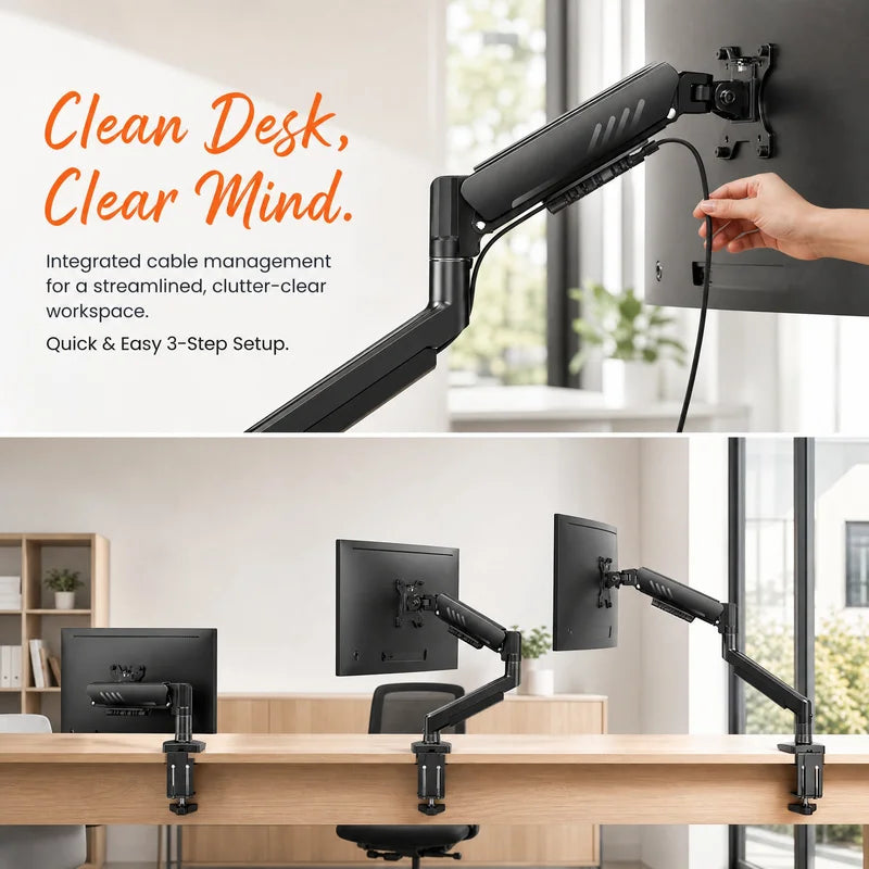 Adjustable Monitor Arm for 13-34 Inch Screens, Gas Spring Desk Mount, VESA Compatible, Clamp or Grommet Base