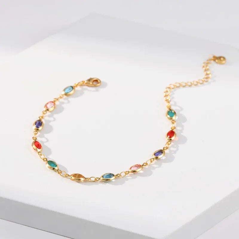 Colorful Rhinestone Beaded Bracelet for Women - Gold Plated Party Jewelry
