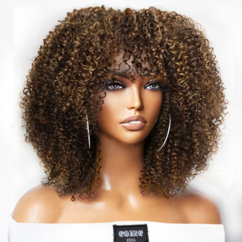Kinky Curly Wig with Bangs - Full Machine Human Hair, Highlight Colors