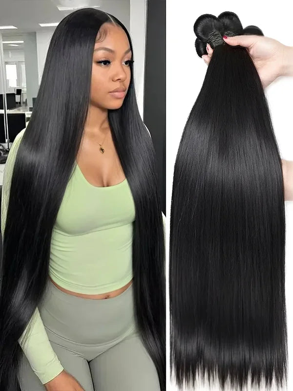 Virgin Human Hair Extensions - 30-40 Inch Straight Brazilian Hair Weave, 4 Bundles