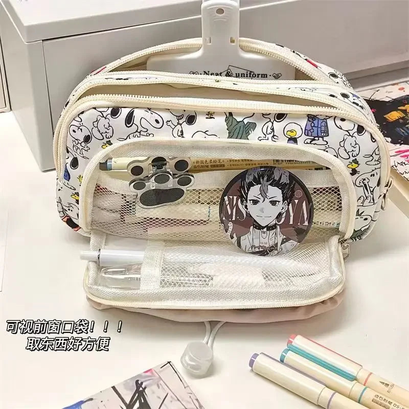 Kids Cartoon Snoopy Pencil Case Multi Layer Canvas Drawstring Pen Bag School Supplies