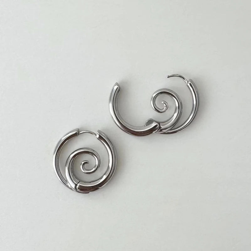 Stainless Steel Hoop Earrings with Spiral Design - Gothic Punk Style