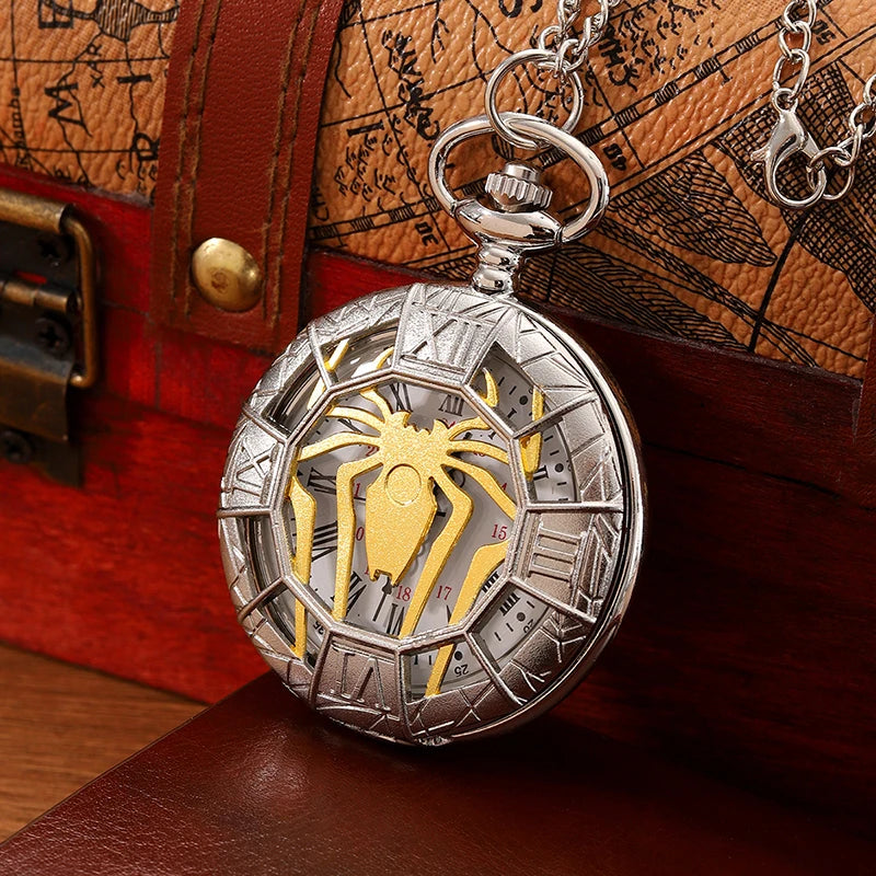 Antique Skeleton Spider Pocket Watch Necklace with Roman Numerals - Men's & Women's Chain Gift