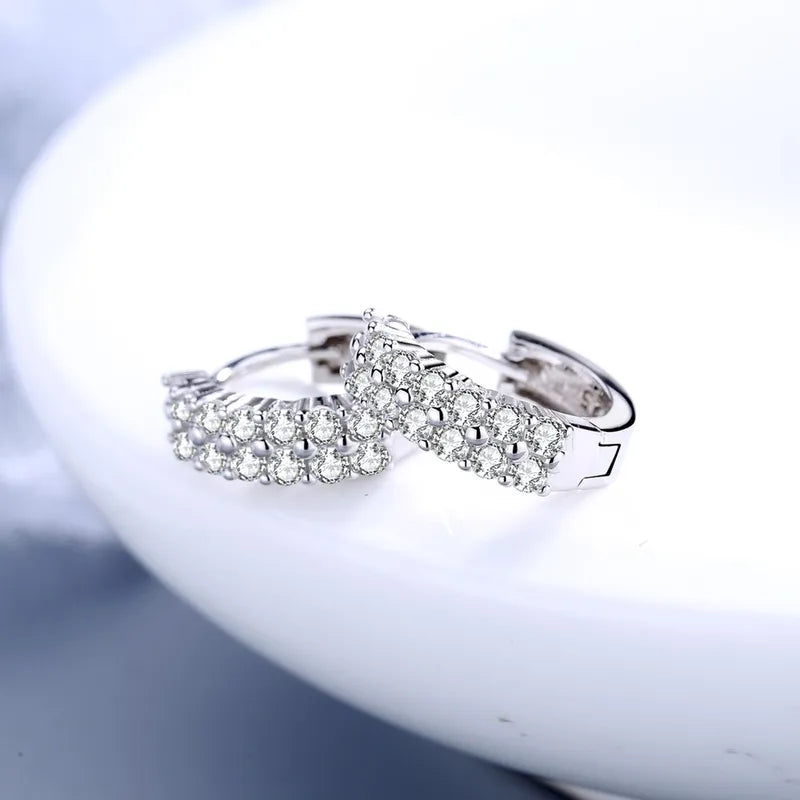 925 Sterling Silver Double Row Crystal Round Earrings for Women