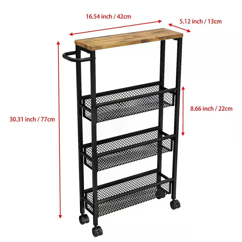 Slim Narrow Rolling Cart with 4 Tiers and Metal Handle for Small Space Storage
