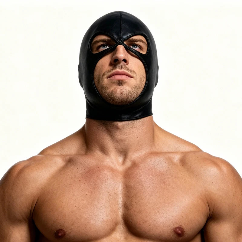 Unisex Faux Leather Hood Mask with Open Mouth Holes for Cosplay and Halloween