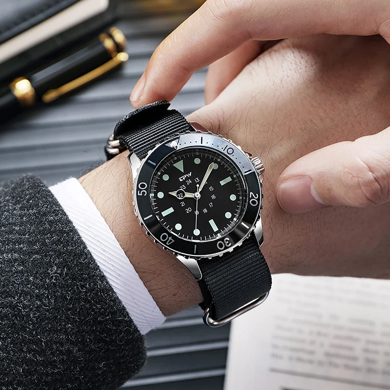 Diver Style Field Watch 40mm Case with Rotating Bezel and Nylon Strap - Multiple Colors