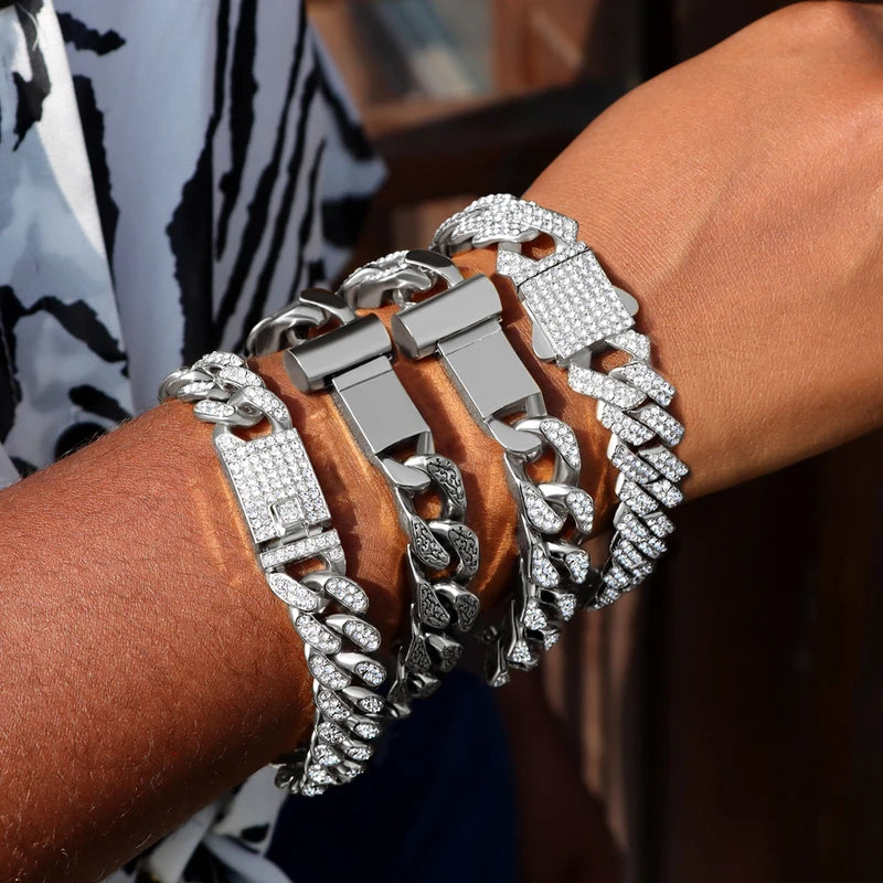 Men Women Cuban Link Chain Bracelet Bling Rhinestone Hip Hop Jewelry