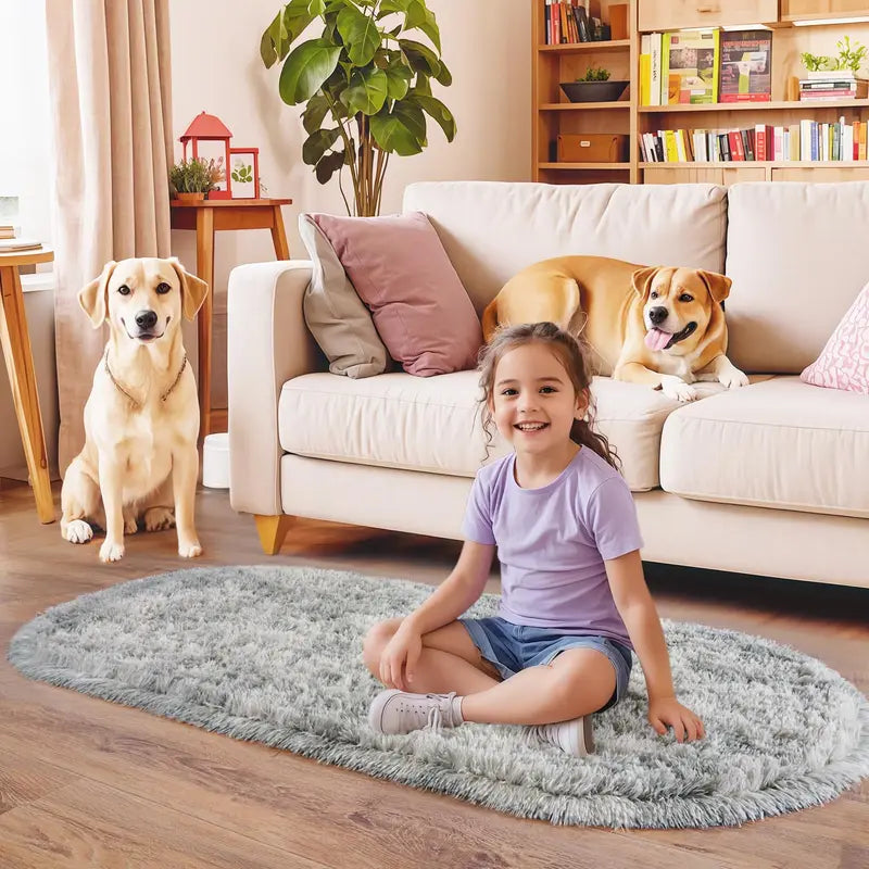 Fluffy Oval Carpet Bedside Mat - Moisture-Proof, Kids & Living Room Decor