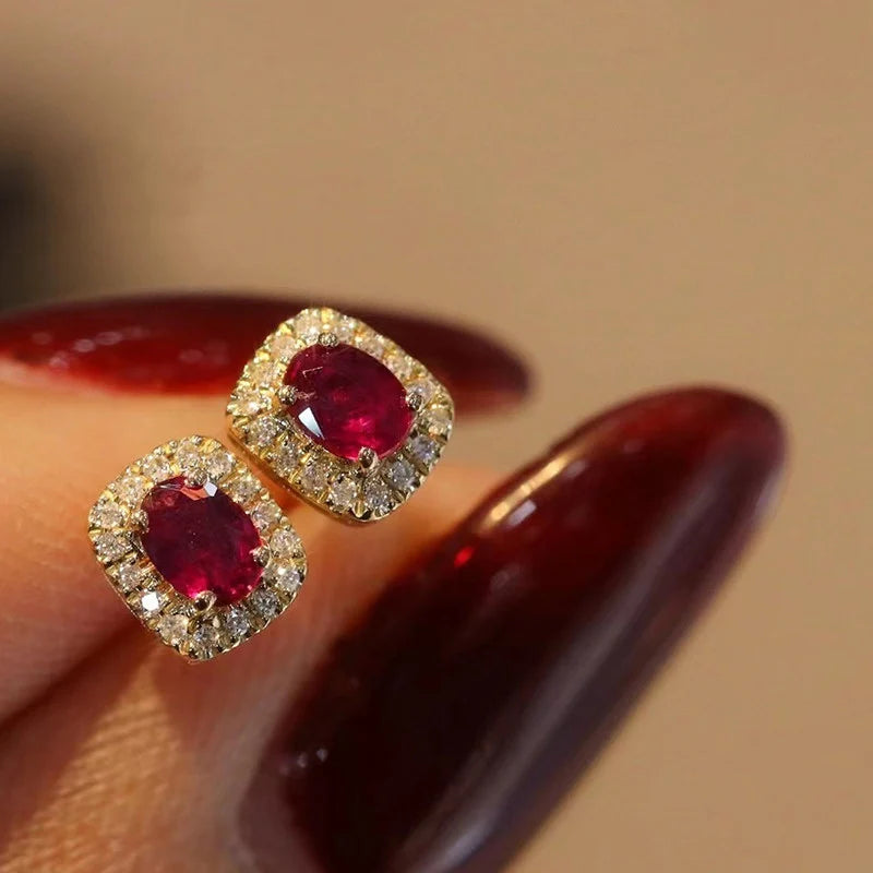 Elegant Red Cubic Zirconia Stud Earrings in Gold Tone - Wedding Jewelry for Women