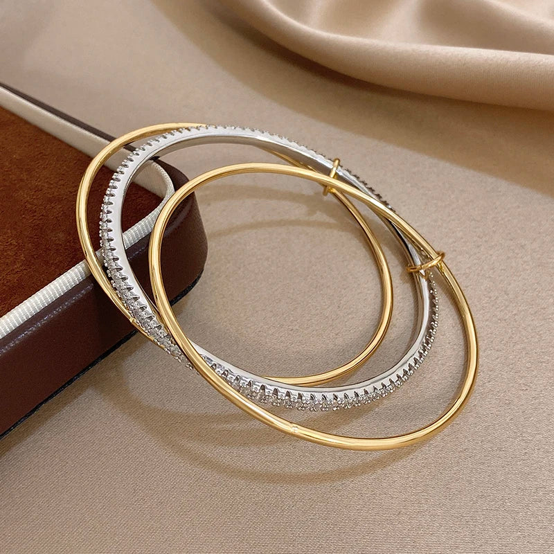 3-Pack Two Tone Rhinestone Silver Gold Bangle Bracelets for Women